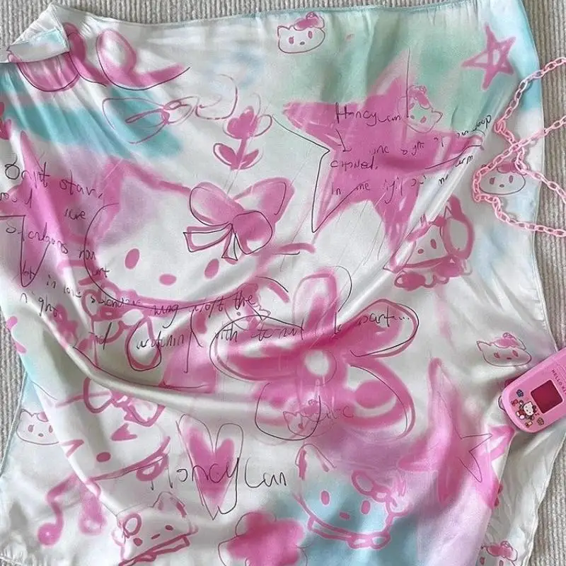 ホットガールズキティ手描き落書きチューブトップセクシー女性夏Y2Kドーパミンキュートバストラップスカーフシルクスカーフストリートトレンド