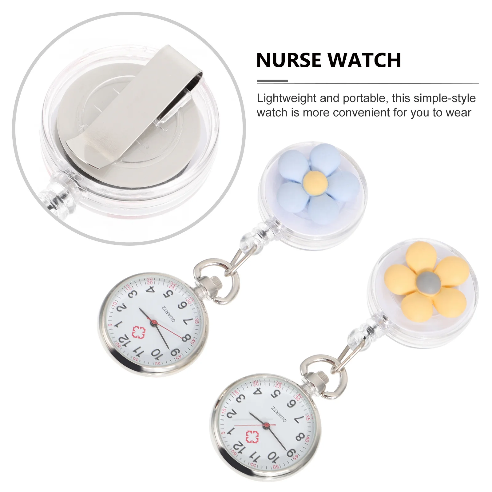 2Pcs Flower Pattern Pocket Watch for Nurses Clip-on Hanging Nurse Watch with Quartz Movement Portable Medical Timepiece