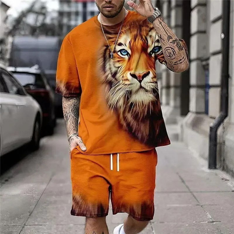 

Men's new 3D printed fabric T-shirt, casual short-sleeved top, shorts, two-piece set - hip-hop trend, loose-fitting sportswear