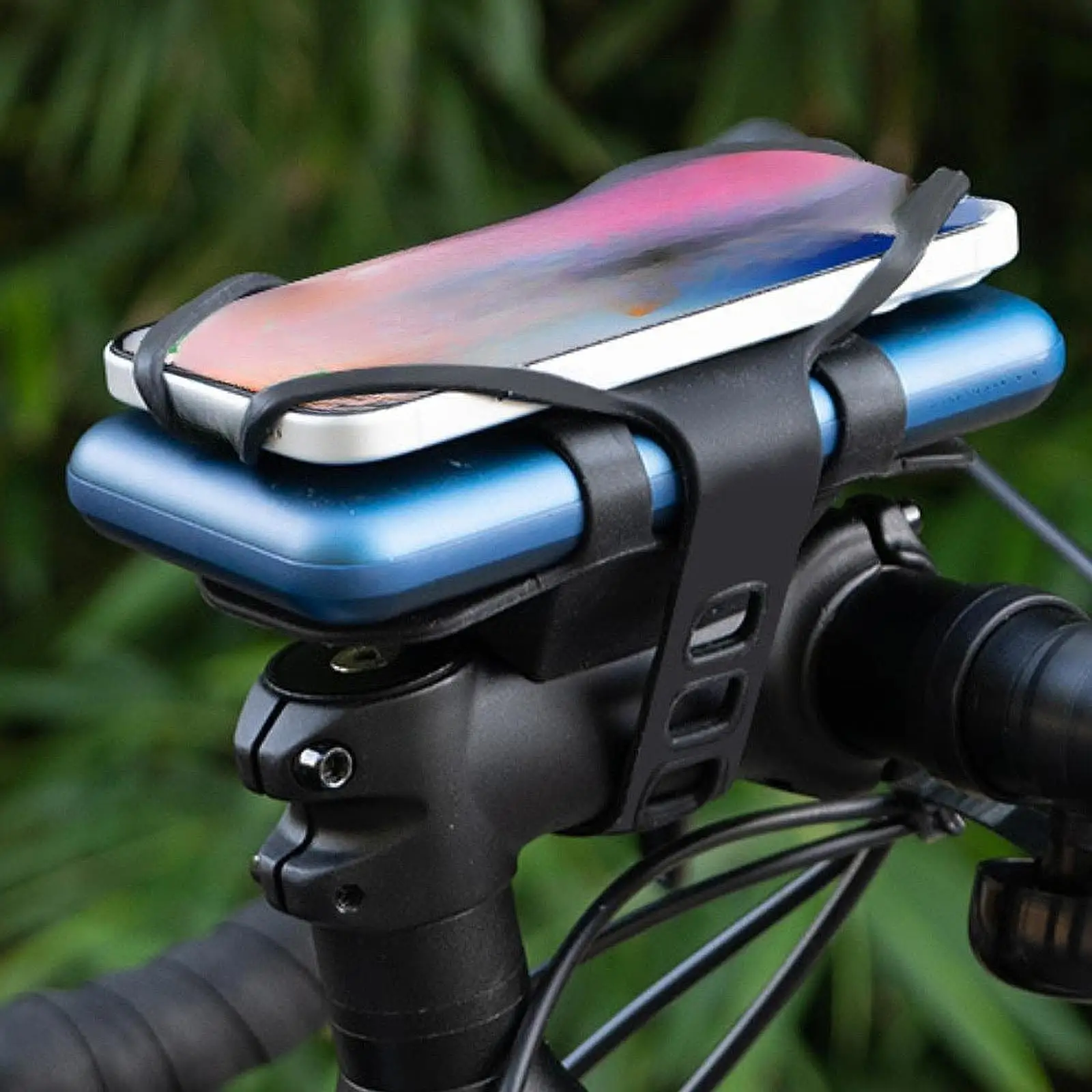 Supporto per telefono da bici e Power Bank per attacco manubrio, supporto in silicone, supporto universale per telefono da ciclismo per la maggior parte degli smartphone, nero