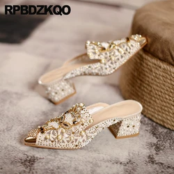 Women Slippers Chunky Half Shoes Pearl Crystal Cutout Diamond Medium Heel Metal Tip Sandals Mules Pumps Slides Rhinestone Hollow