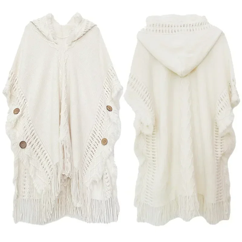 Spring and Autumn Women Button Shawl Bohemian Tassel Sweater Knit Sweater Pullover Hooded Cape