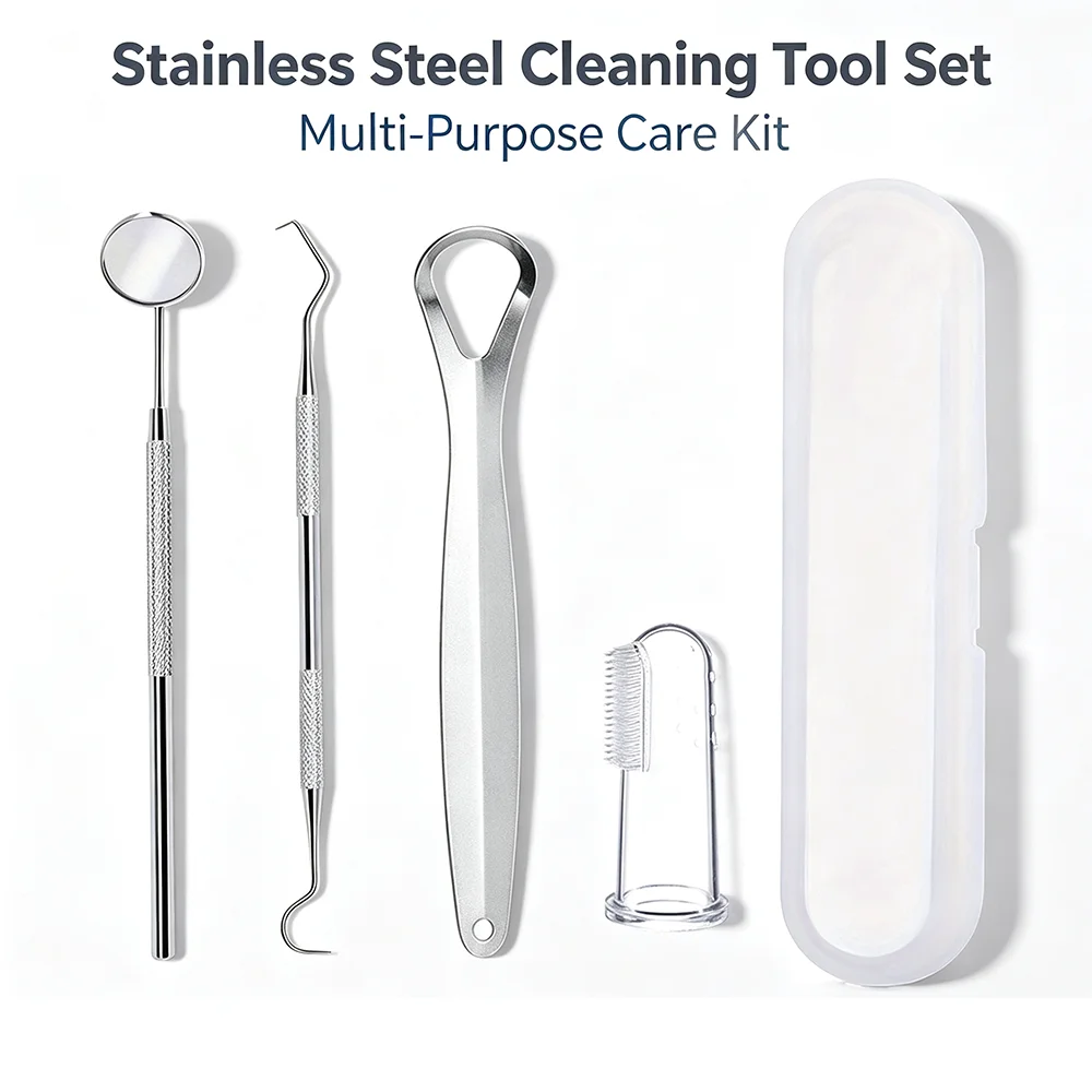 Stainless Steel Dental Tools Set, Oral Care Kit with Tongue Brush, Teeth Cleaning Accessories and Portable Storage Case