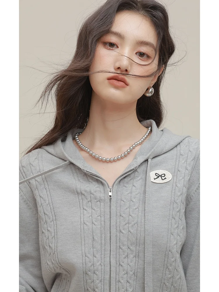 Gray Knitted Sweater Coat Women's Lazy Style Autumn Outerwear Top Open Cardigan Hat Shirt Casual Simple Polyester Nylon Blend