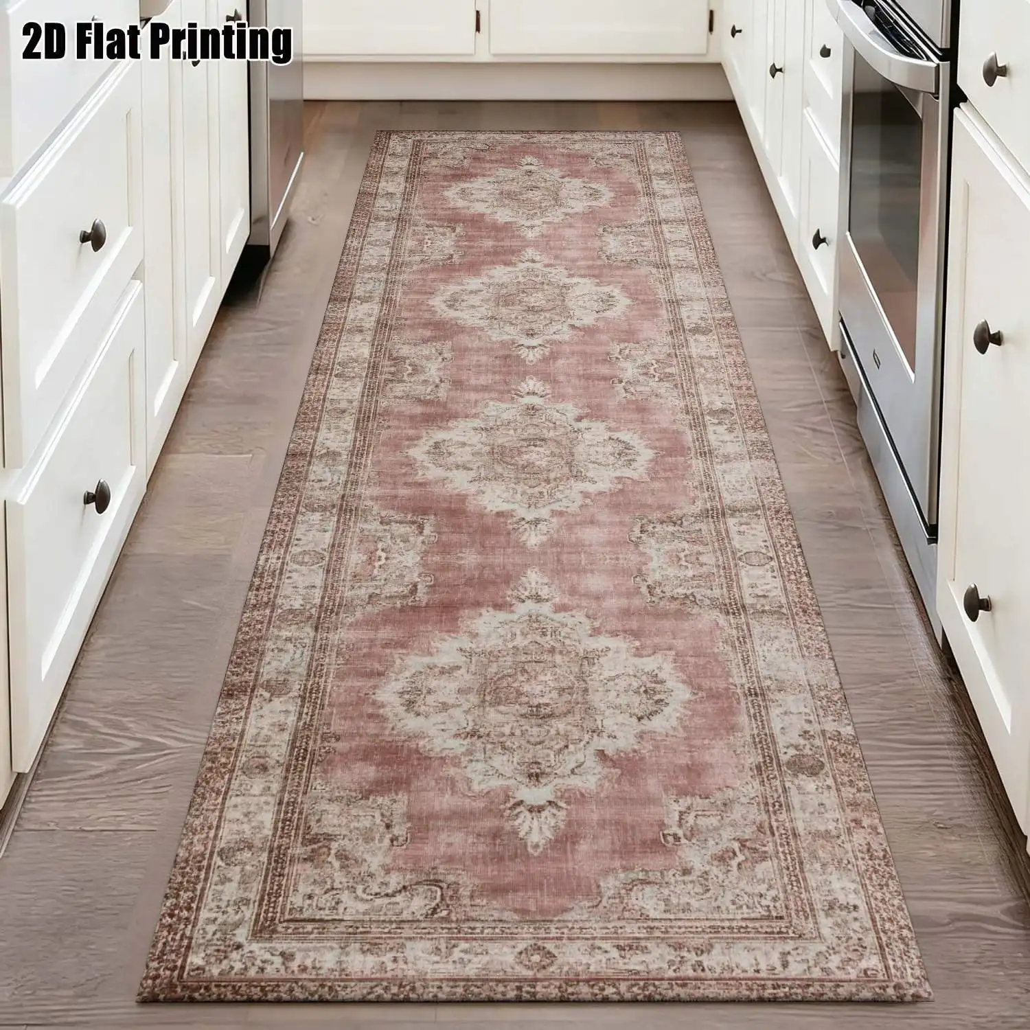 1Pc 2D Printed Strip-Shaped Runner Rug: Pink Retro Floral, European/Bohemian/Floral/Geometric Styles Machine Washable, Multi-Size, Ideal for Entryway, Hallway, Living Room, Bedroom Home Decor.