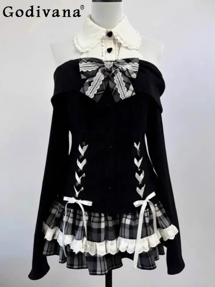 

Sweet Cool Dark Japanese Sets Women Autumn Bow Lace-up Long Sleeve Top High Waist A-line Versatile Age-reducing Plaid Skirt