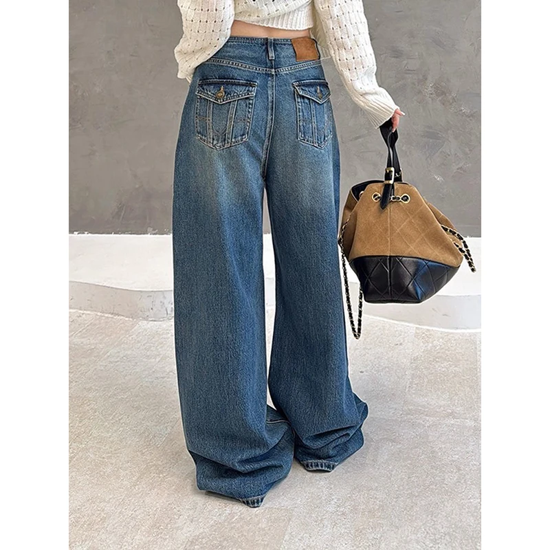 2025 Vintage taille haute femmes bleu Jean mode coréenne Streetwear jambe large Jean femme Denim pantalon droit Baggy Denim pantalon