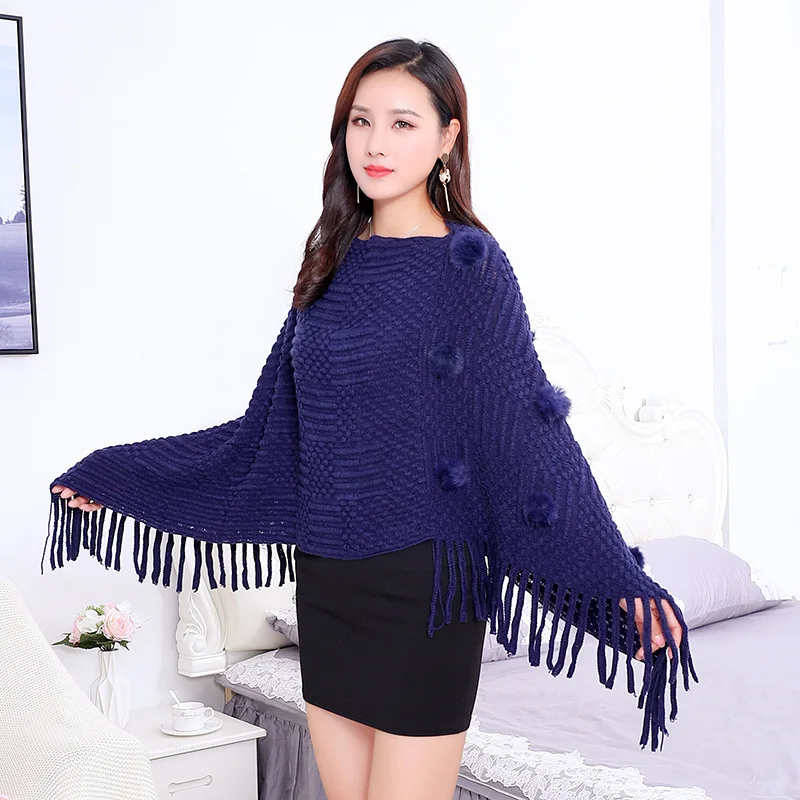 2024 Spring  Autumn New Wool Ball Sweater Warm Women Cloak Shawl Outer Coat Fashion Cloak Leisure Lady Poncho Caps Red