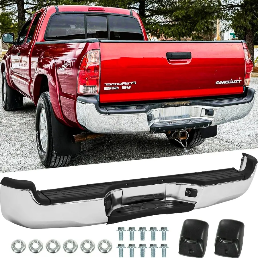 Rear Steel Step Bumper Assembly for 20052015 Toyota Tacoma 2nd Gen Chrome Back Bumper Replacement with Integrated Step Pads Bra