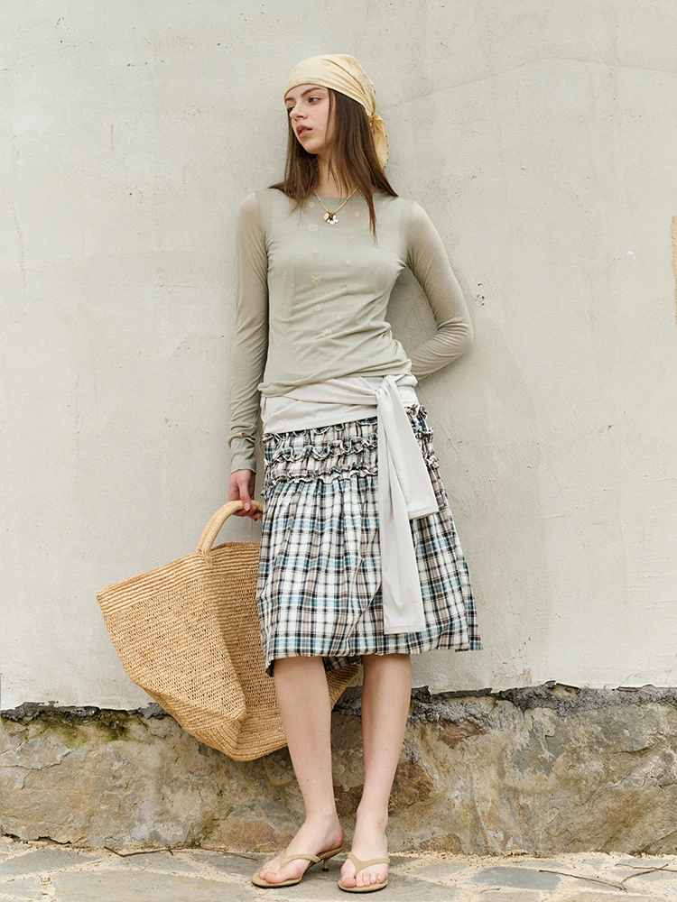 

Asilike Summer Vintage Brown een Plaid Lace Low Waist Loose A-Line Midi Skirt Versatile Casual Cotton Skirts for Women