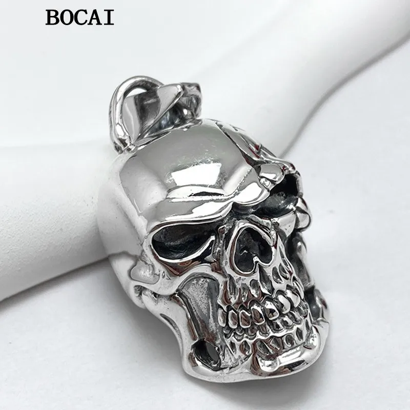 

BOCAI New S925 Sterling Silver Retro Versatile Hip Hop Crack Skull Pendant Men's