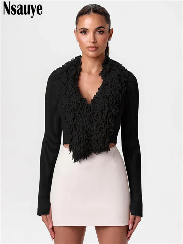 Nsauye Women Warm Tassel Sweater Jacket Tops 2024 Casual Mini Fashion Sexy Club Knitted Y2K Streetwear Cardigans Winter Coat