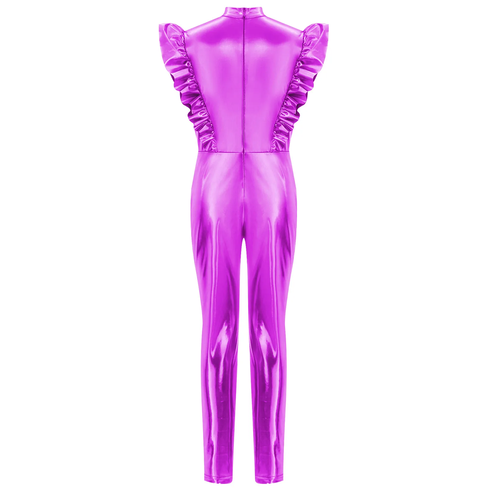 

Kid Girls Dance Metallic Alien Costume Unitards Rhythmic Gymnastic Ruffled Sleeve Zip Jumpsuit Leotard for Halloween Theme Party