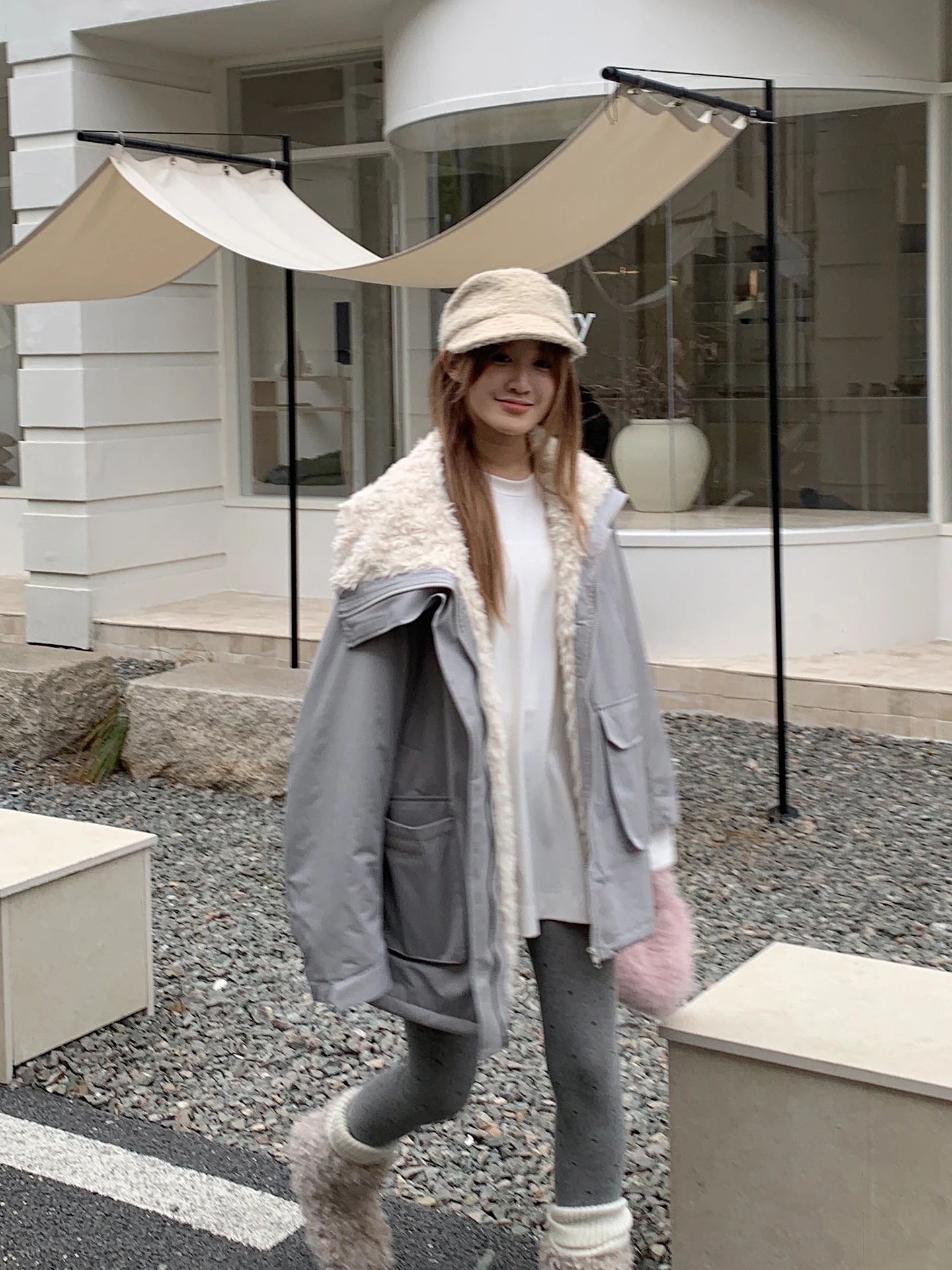 

Soloki Korean Sle Loose Fit Lamb Fur Coat Thi Warm Windproof Large Collar Outfit for Women Commute Sle Long Sve Zipper