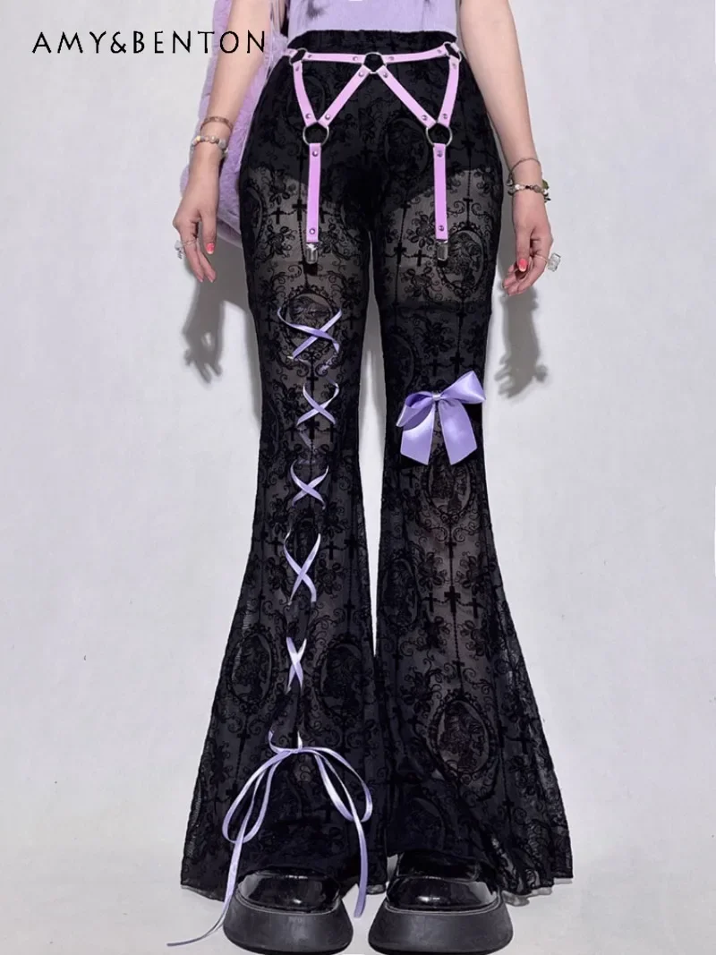 

2024 New Japanese Original Design Lace Splicing Casual Horn High Waist Sexy Perspective Hollow Drape Trousers For Women