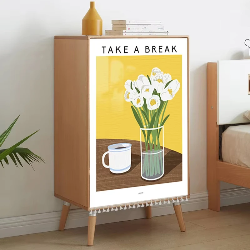 VIKAMA Take a Break Cabinet Cover Curtain Flower Vase Coffee Print Hook-and-Loop No-Drill Yellow Cupboard Kitchen Decor