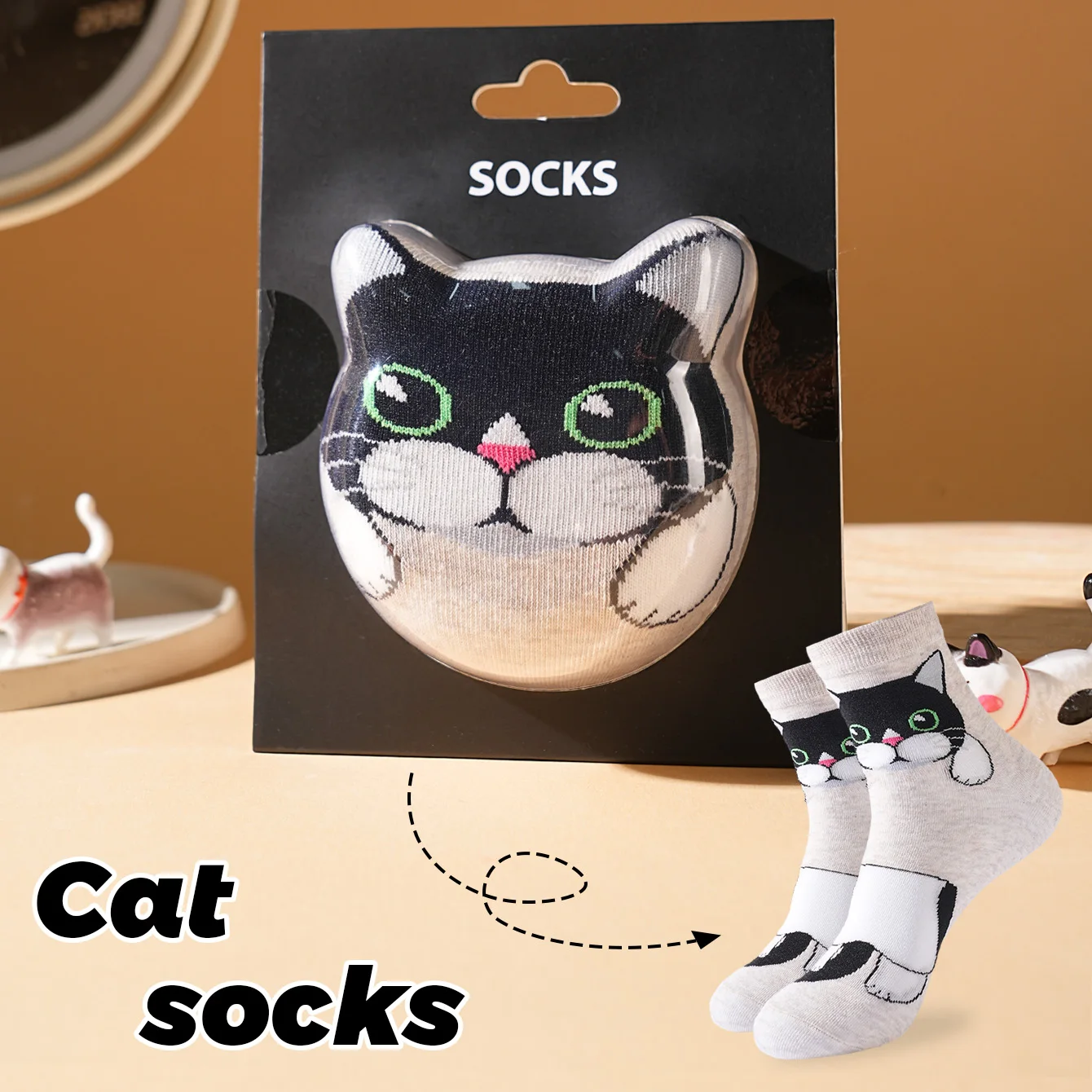 1 pair of unisex mid-calf socks with a novel and interesting animal cat design, gift box socks, creative socks, fashionable and trendy style, comfortable and breathable, suitable for parties, casual wear, Valentine's Day, Halloween, birthdays, Christmas, New Year, Thanksgiving, autumn and winter, all-season style, creative gift box
