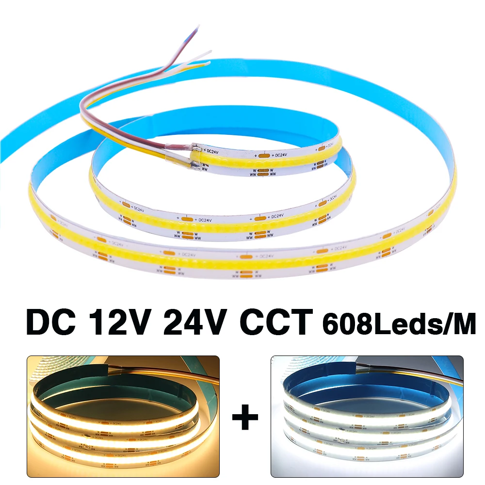 CCT COB LED Strip 608LEDs/M IP21 IP67 Warm White + Cold White Flexible Ribbon Tape Light Lamp FCOB Strip DC 12V 24V