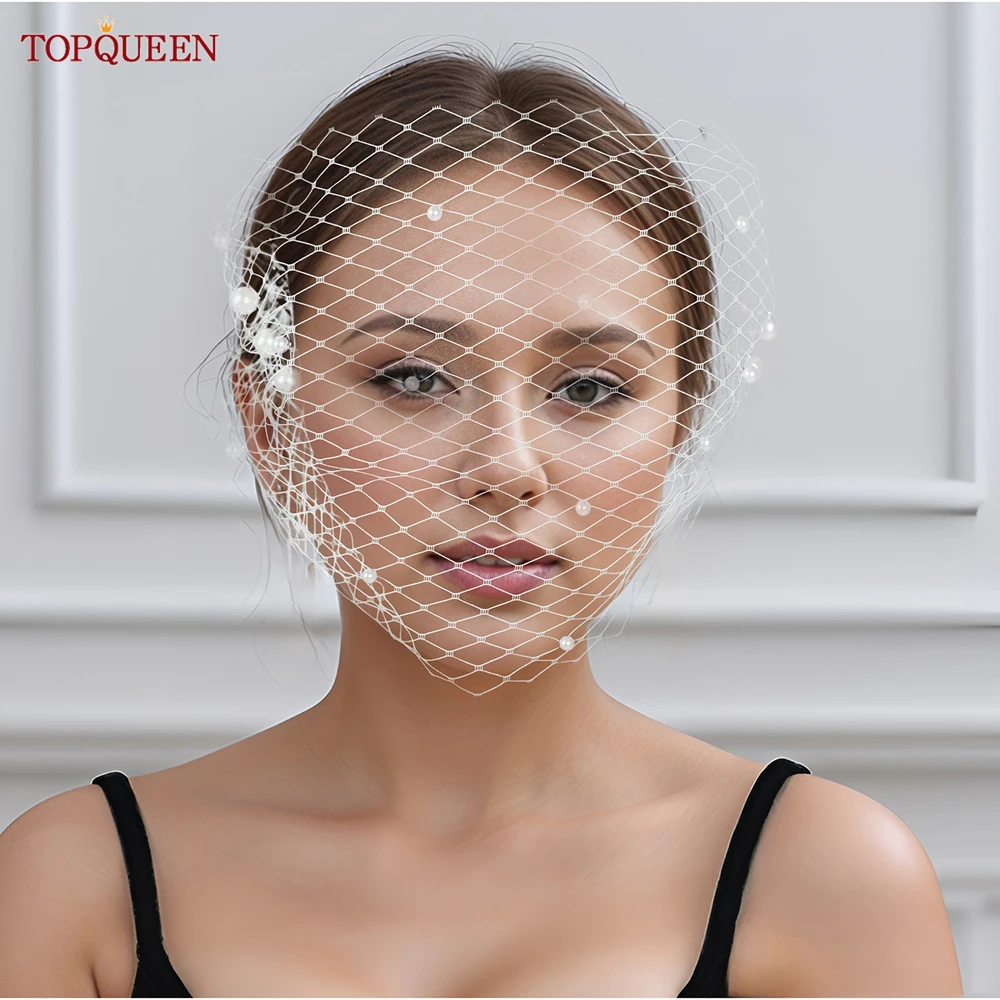 

TOPQUEEN VA05 Birdcage Veil with Pearls Blusher Veil Russian Tulle Cage Veil Face Veil with Delicate Nail Bead Wedding Gowns