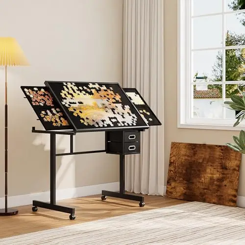 1000-Piece Puzzle Table with 4 Felt Trays, 2 Fabric Drawers & Protective Cover, Rolling Jigsaw Puzzle Board with Wheels