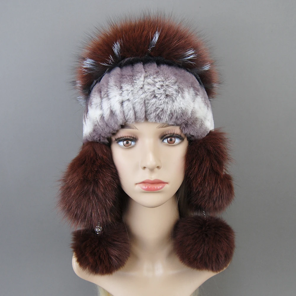 Elastic Knitted Rex Rabbit Fur Beanies Handmade Real Fur Hat with Fox Fur Ears Genuine Fur Snow Cap Bonnets for Women Designer