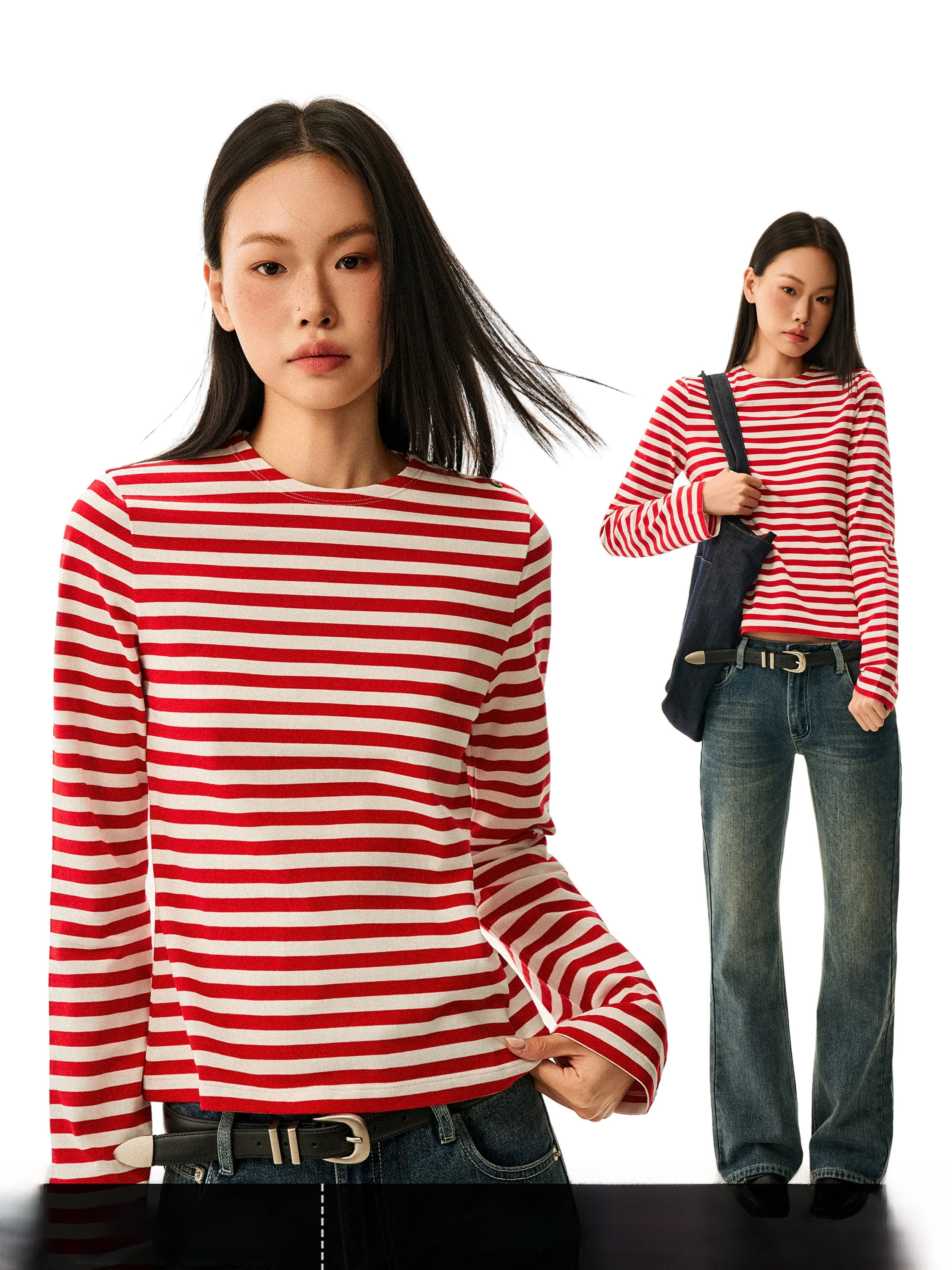 Loose Long Sleeve round Neck T-Shirt Women's Slim Fit Casual Style Red Stripe Design Autumn New Arrival GO GO BURN Brand