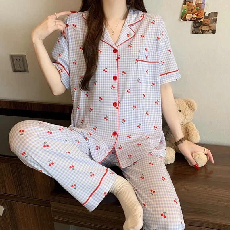 sweet-cute-cherry-print-pajamas-women-2-piece-set-soft-loungewear-summer-casual-short-sleeve-pajamas-set-korean-fashion-homewear