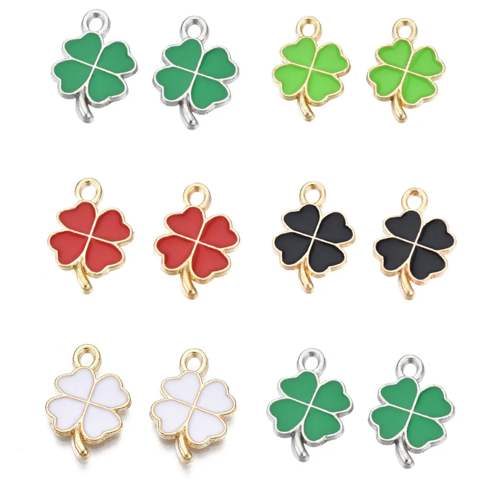 200pcs Green Clover Leaf Alloy Enamel Pendant Rack Plating Charms St Patrick Day Decor Jewelry Making Craft Findings 19x13x1.5mm