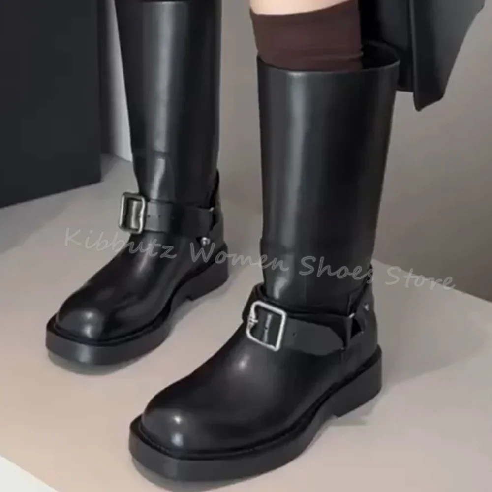 

Knee High Knight Boots Belt Buckle Leather Round Toe Chunky Heel Slip-On Solid Color Fashion Sexy Elegant Luxury Women Shoes New