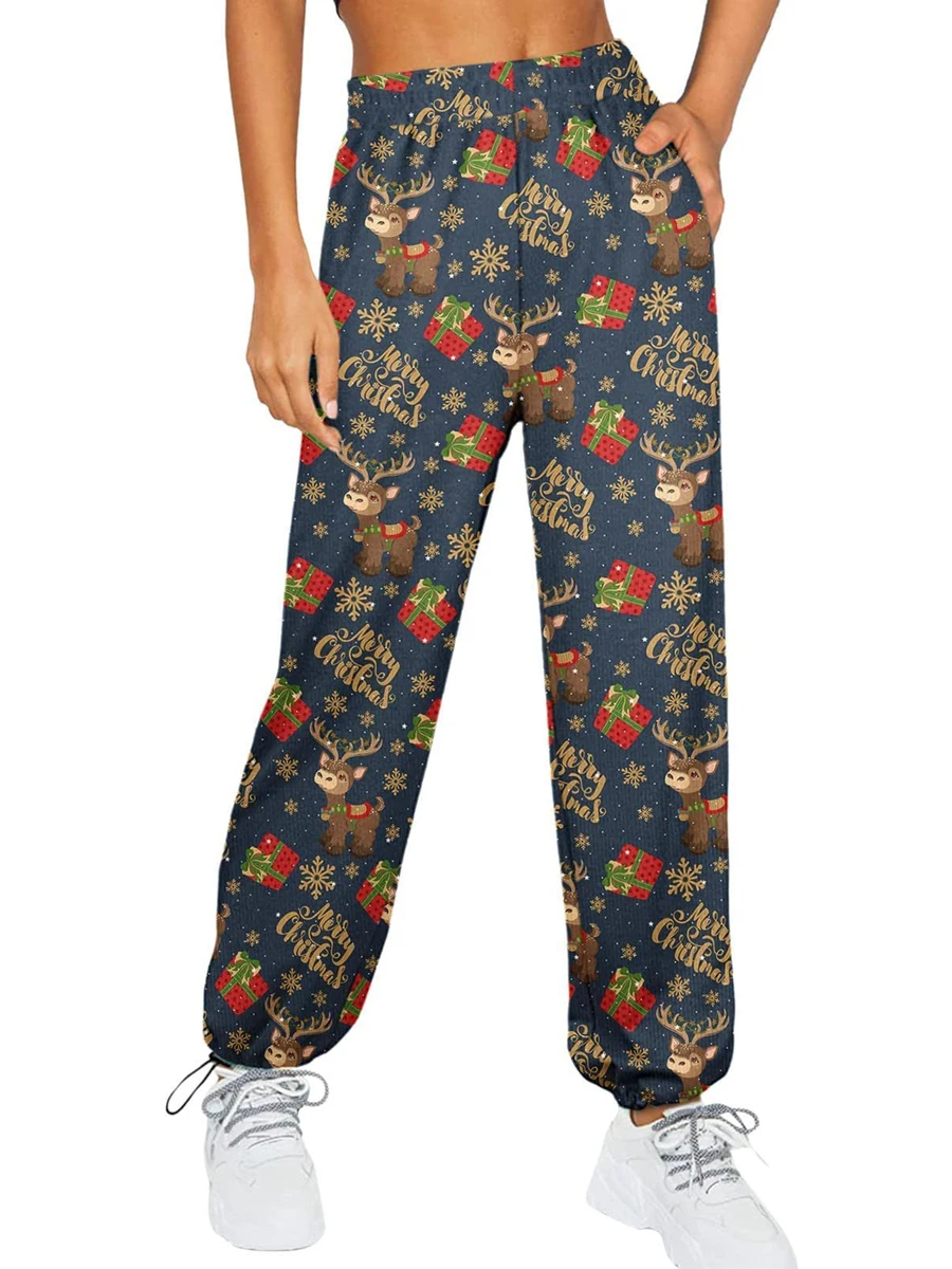 Women Christmas Pants Elk Santa Claus Print Drawstring Trousers Loose Pajamas Pants