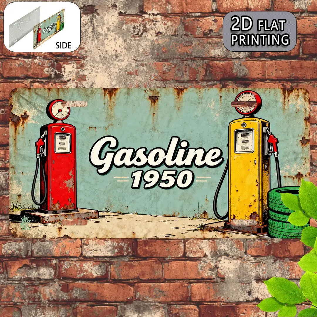 Vintage 1950s Gas Pump Metal Sign 12x6 Inch, Red Yellow Garage Wall Decor, Retro Automotive Art for Man Cave