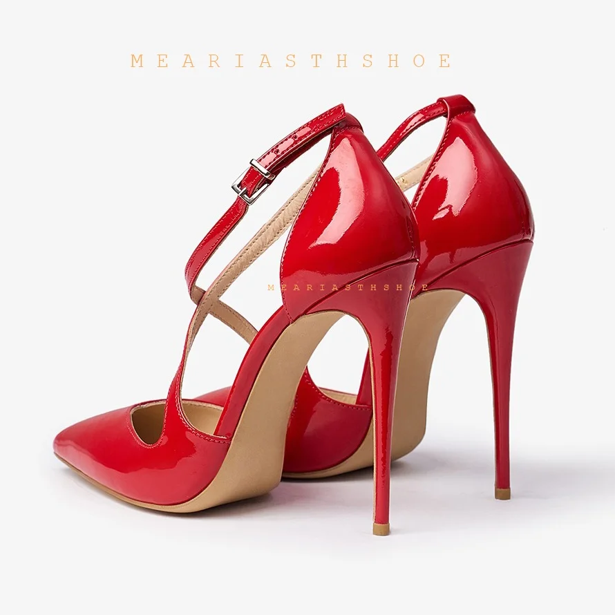 Woman Burgundy Shoes Ankle Buckle Strap Pointed Toe Stiletto High Heels Pumps Patent Leather 12cm 10CM Formal Footwears Size 46