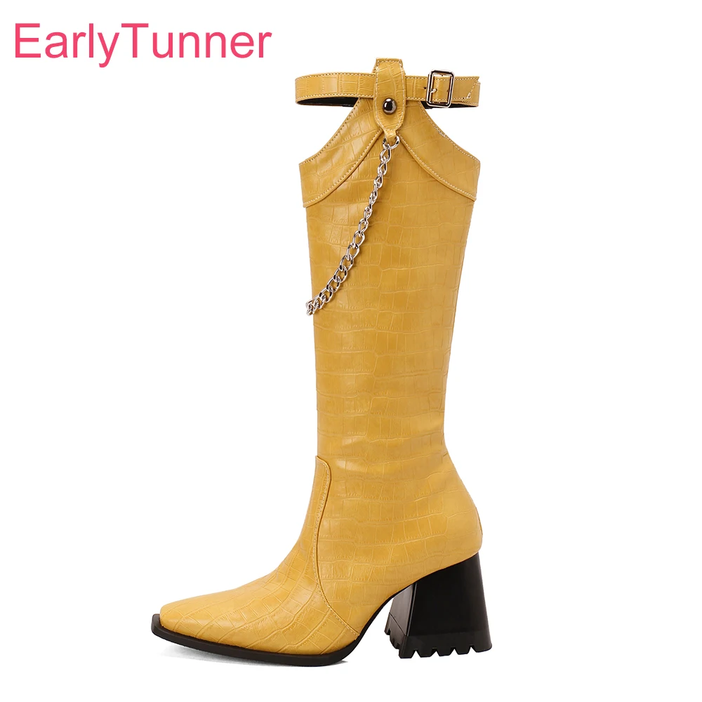 

Зимние удобные желтые, черные женские сапоги до колена, пикантные женские мотоциклетные туфли на высоком 3-дюймовом каблуке, большие размеры 11 43 45 48