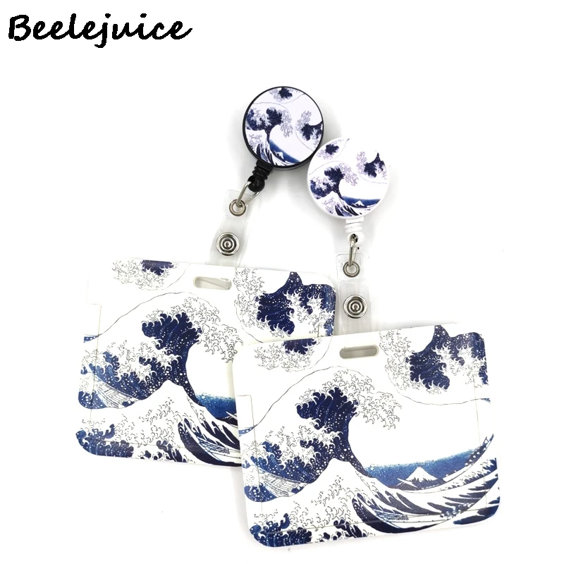 Kanagawa Hokusai Waves Art Painting ID Retractable Badge Holder ID Badge Holder Clips Name Card Keychain Nurse Work Decorations