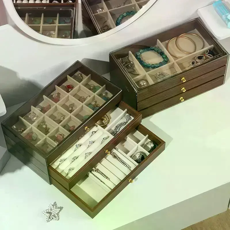 Multi-layer Wooden Jewelry Box Transparent Window Rings Necklace Jewelry Storage Case Organizer Bracelet Earrings