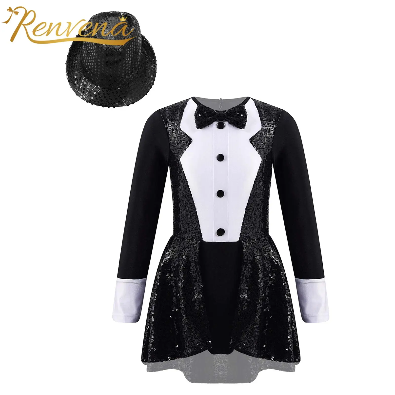 

Kids Girls Circus Ringmaster Cosplay Dress Long Sleeve Bow Tie Sequins Leotard + Fedora Hat Sets for Role Play Party Performance