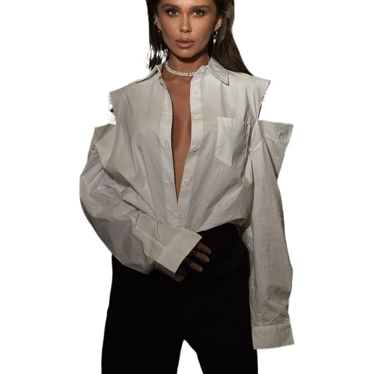 

Женская элегантная блузка с отложным воротником и длинными рукавами, с вырезами, свободного кроя, белая, сексуальная, уличный стиль, 2026