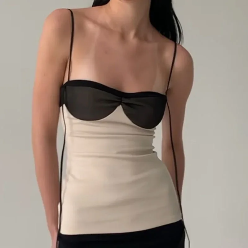 New Sexy Stitching Blouse Simple Tassel Patchwork Wrapped Chest Irregular Backless Gauze Contrast Y2K Square Neck Camisole Women