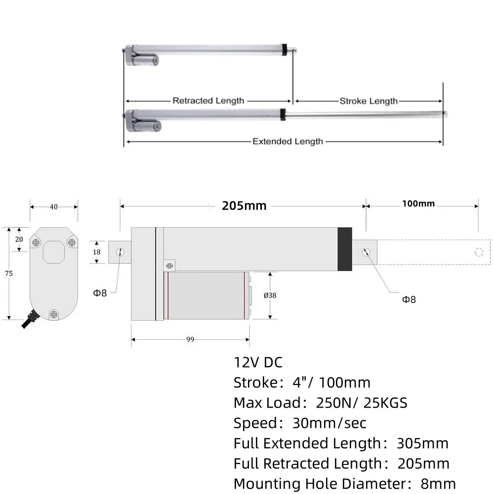 2024 New Model 1PCS 12V Linear Actuator 4inch/ 100mm Stroke With 30mm/s Fast Speed And 250N Load Linear Actuator 12V Actuator