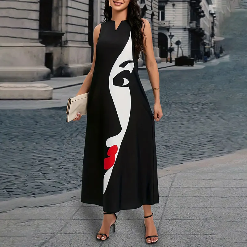 2024 New Art Face Printed Long Dress Summer Women's Elegant Sleeveless V Neck Sexy Dress Fashion Outdoor Streetwear Gowns