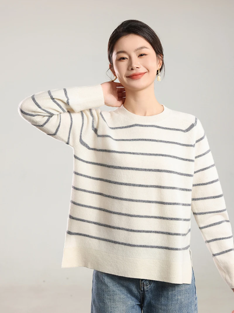 Autumn and winter new striped round neck sweater women's loose base sweater 100 wool knitted sweater art college style top