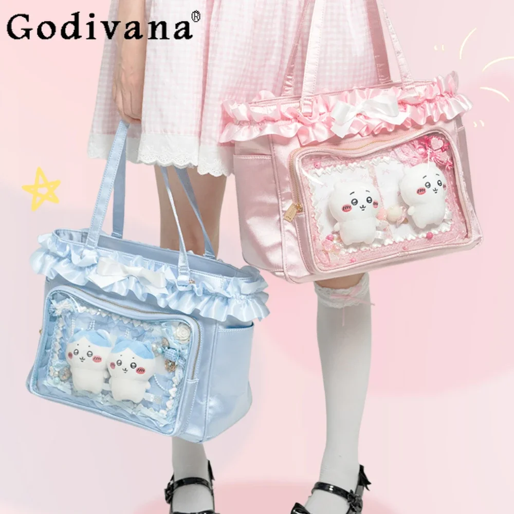 

Sweet Cute Satin ToteTransparent Versatile Fashionable Ita Bag Large Capacity Ribbon Commuter Shoulder Bags Handbags