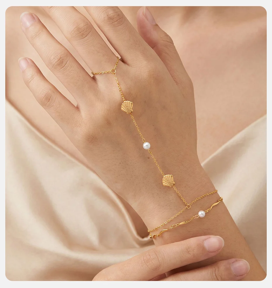 Vnox Boho Imitationsperlen Seestern Muschel Fingerkette Armband Trendiges 18K Vergoldetes CZ Schmetterling Handarmband Strand-Schmuck – Detail 7