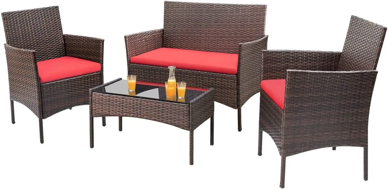 4 Pieces Patio Rattan Chair Wicker, Outdoor Indoor Use Backyard Porch Garden Poolside Balcony Furniture Sets (Red)