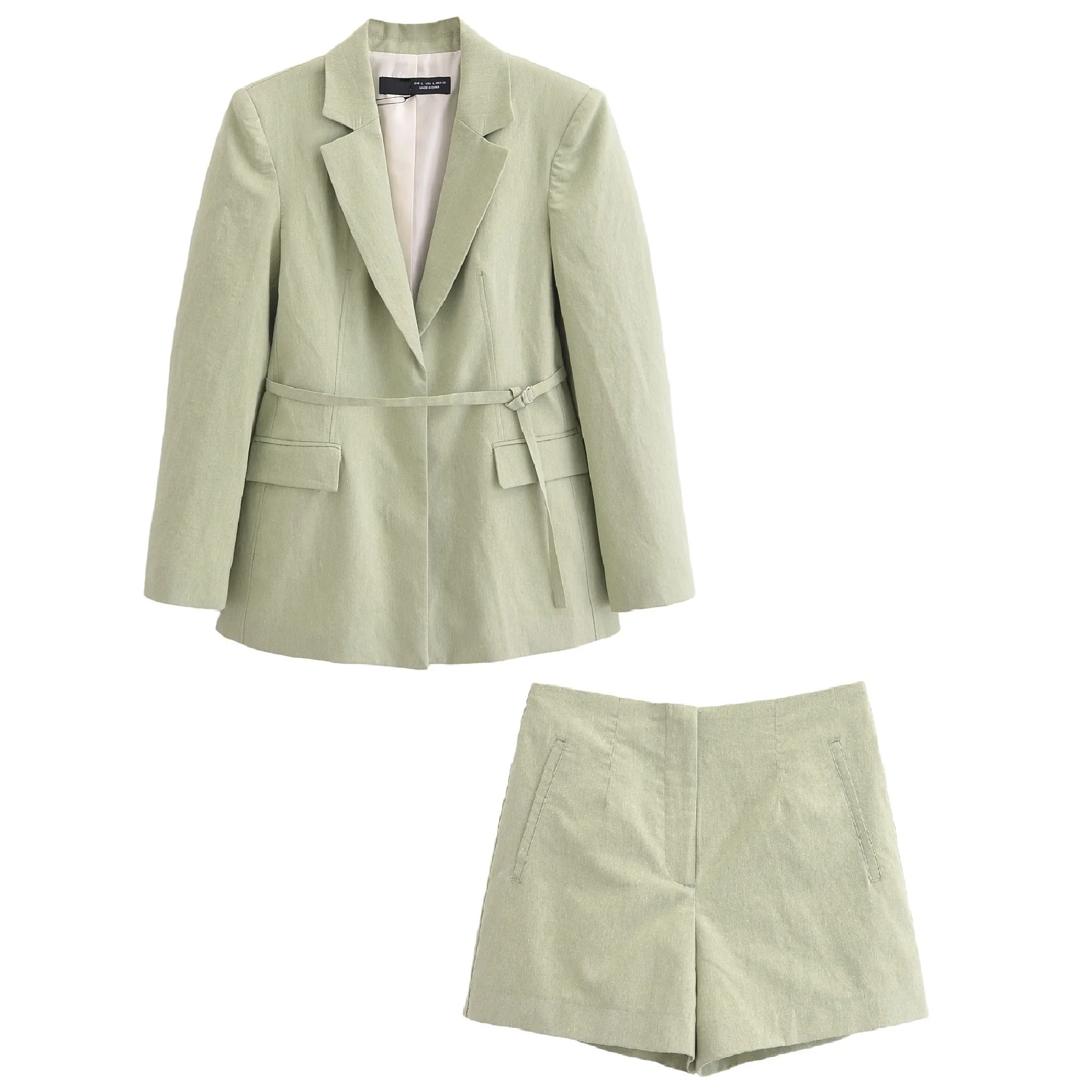 Tangada 2024 Women Green Cotton Linen Blazer Jacket With Slash Long Sleeve Ladies Suit 6P064