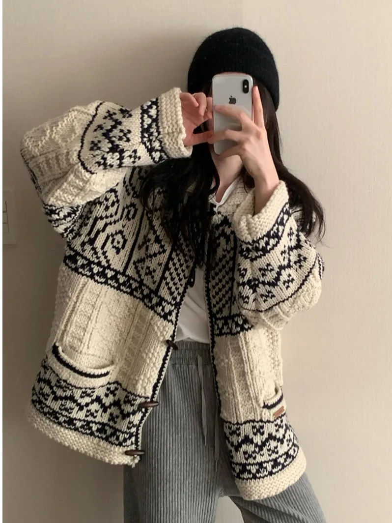 

Retro Pattern Lapel Button Knitted Sweater Coat Women's Autumn Winter New Sle Loose Versatile Warm Cardigan