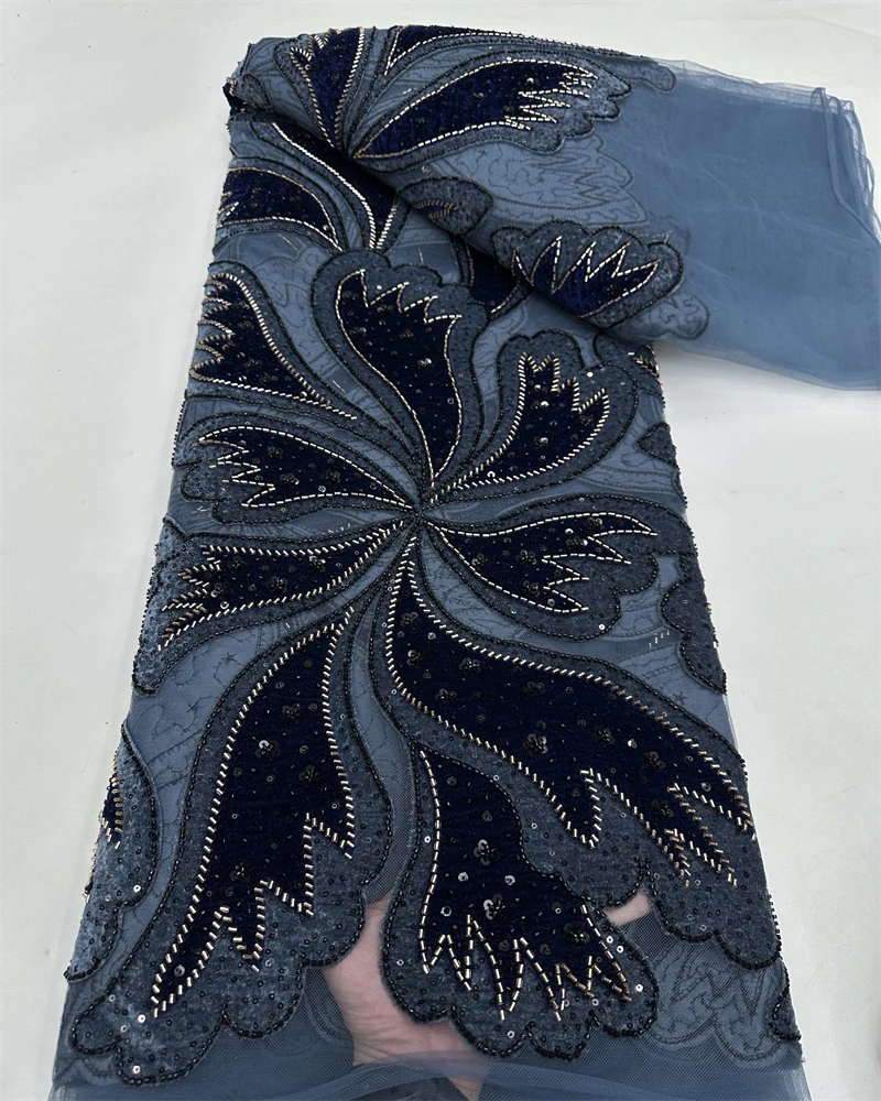 

High Quality Fashion French Embroidery Velvet Lace Fabric With Bead Lace Fabric For African Nigerian Wedding