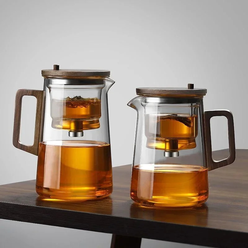 One Click Filtering Glass Tea Pot Tea Water Separation Inner Container Walnut Wood Handle Teapot With Infuser Filter