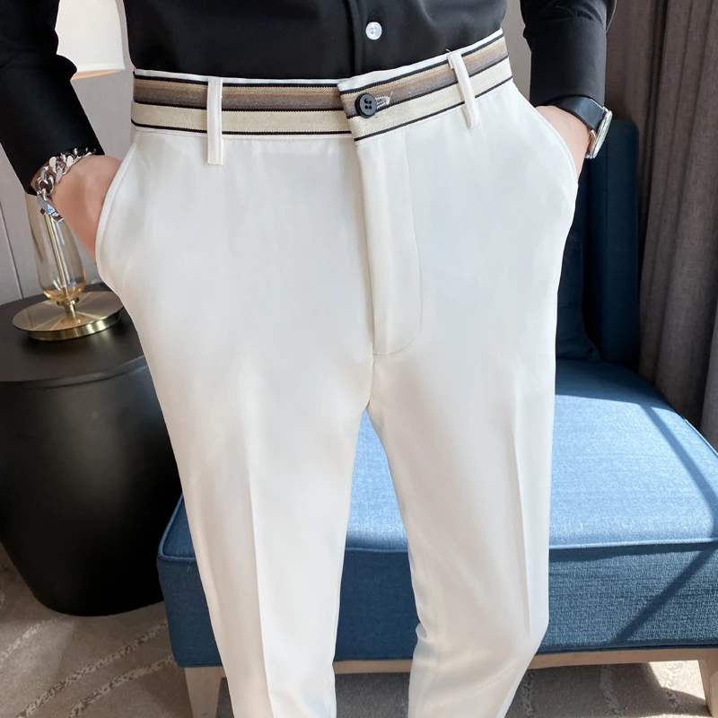 Pantalones de traje a rayas de cintura a la moda para Hombre, pantalones ajustados en blanco y negro, marca Formal, negocios, boda, informales, verano, 2022