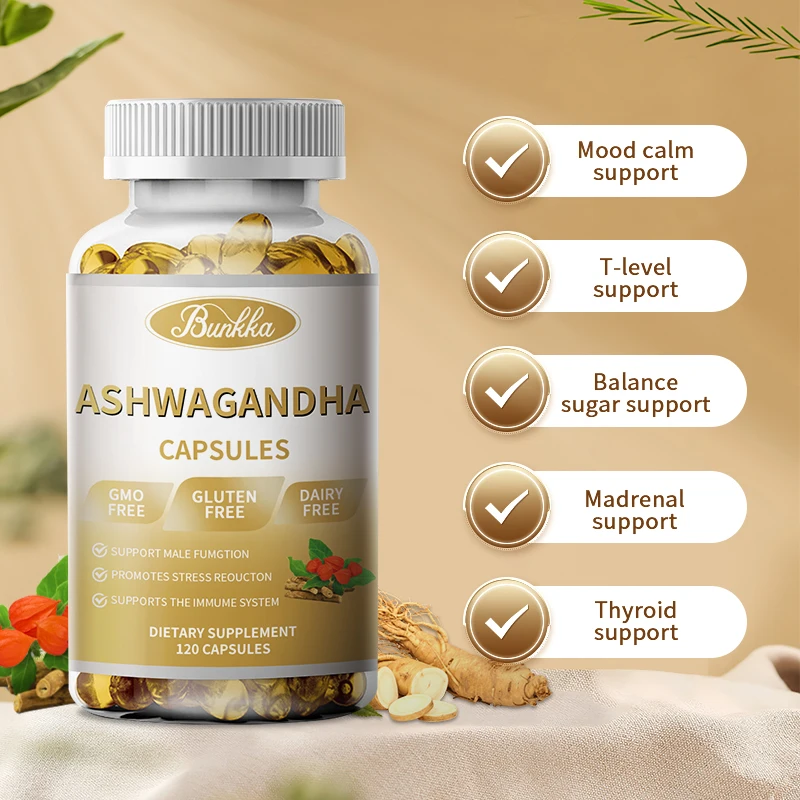 Bunkka Ashwagandha capsule integratori alimentari ad alta potenza 120 pezzi con pepe nero livelli di energia maschile e femminile qualità del sonno